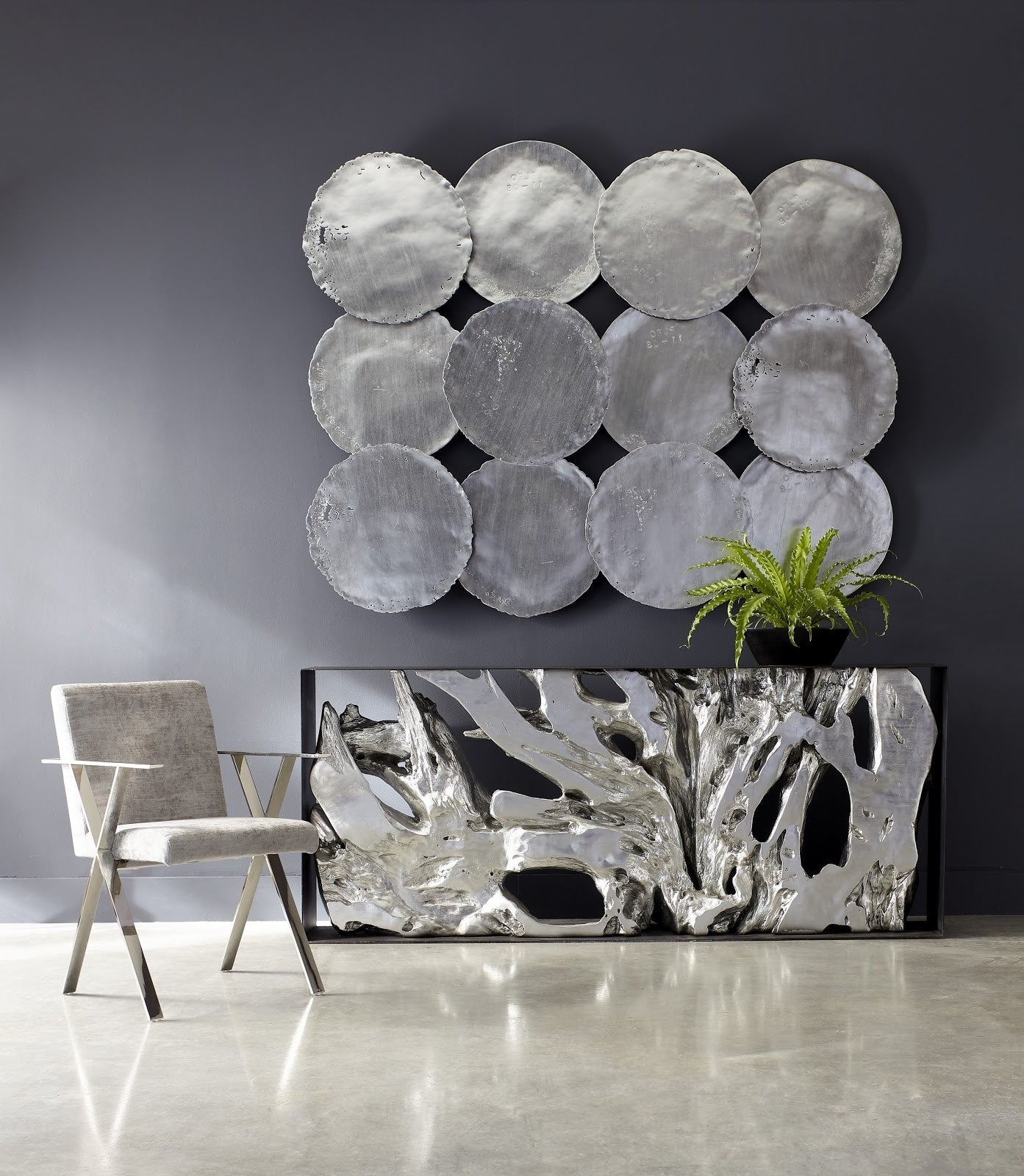 Cast Root Console Table Iron Frame, Resin, Silver Leaf