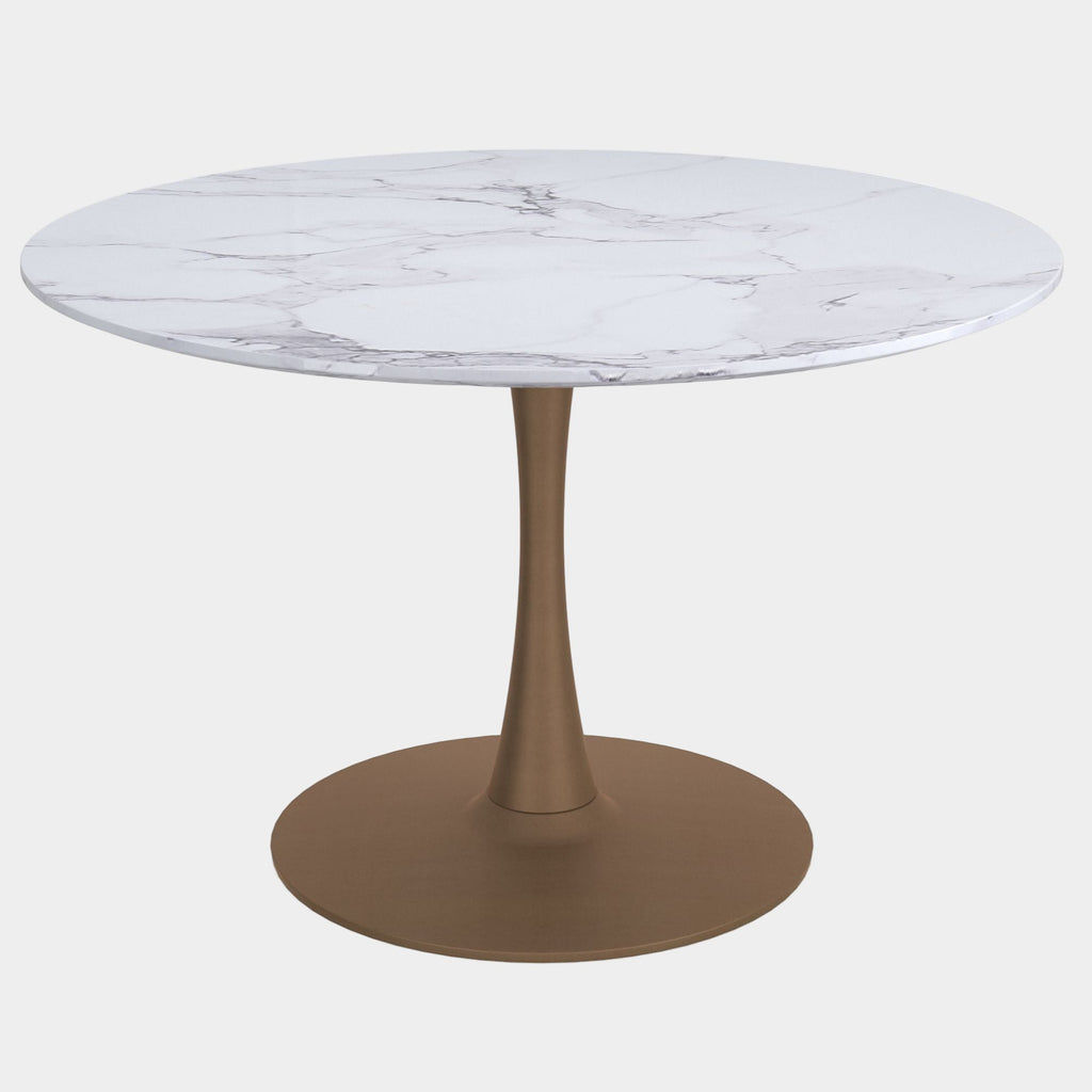 Zilo 48" Round Dining Table in White Faux Marble and Aged Gold