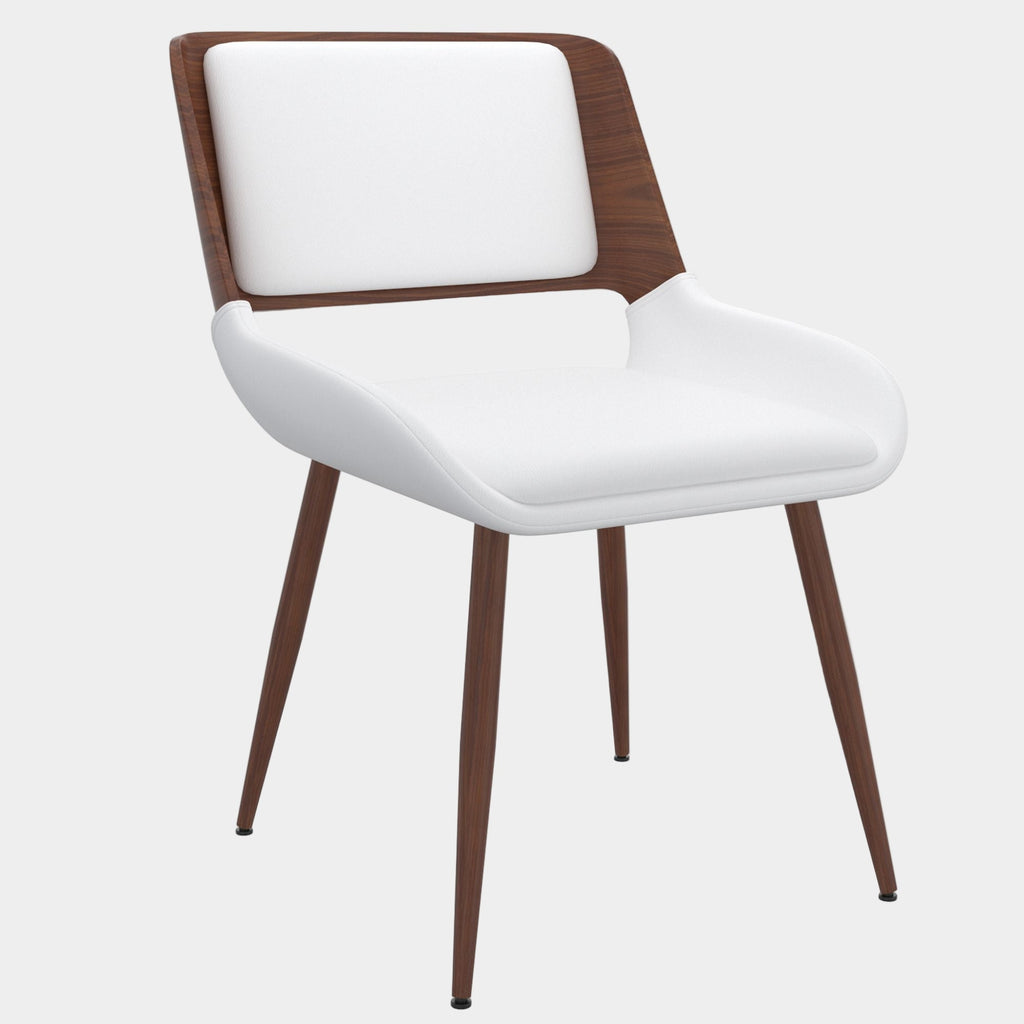Hudson Dining Chair in White Faux Leather and Walnut Metal and Wood