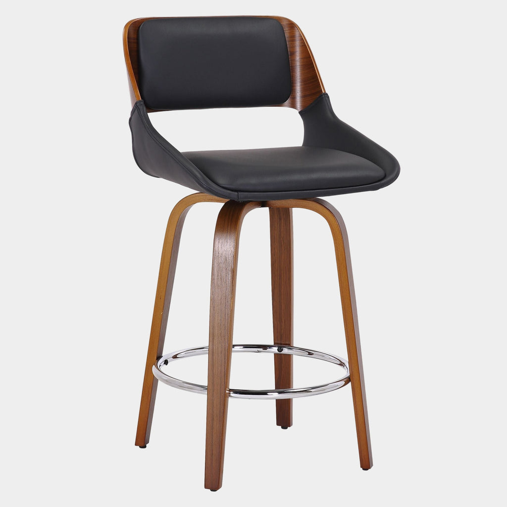 Hudson 26" Counter Stool with Swivel in Black Faux Leather and Walnut