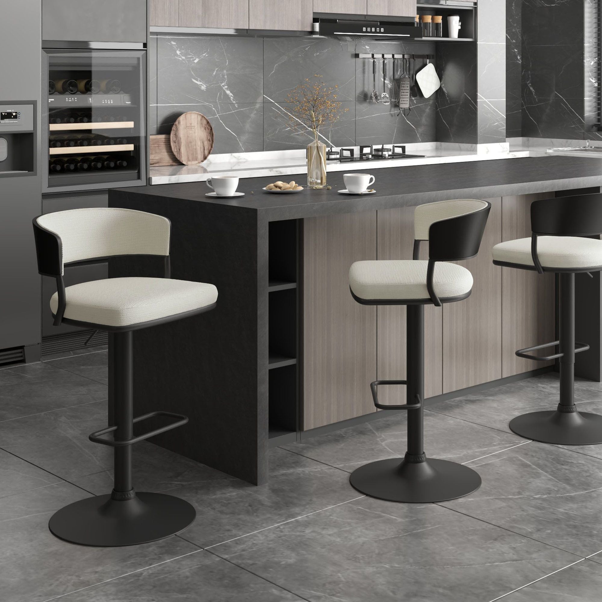 Kazan Adjustable Air-Lift Stool, Set of 2 in Ivory Performance Fabric & Black Metal