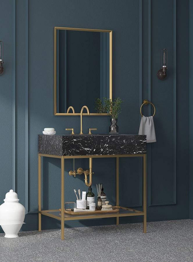 Marmo Engineered Stone Top, Brushed Gold And Glass Base Vanity
