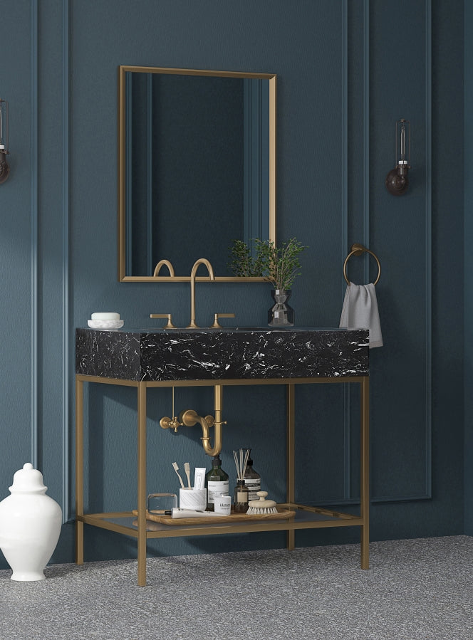 Marmo Engineered Stone Top, Brushed Gold And Glass Base Vanity