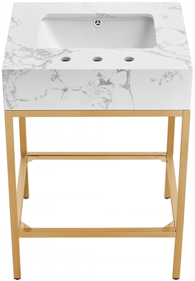 Marmo Engineered Stone Top, Brushed Gold And Glass Base Vanity