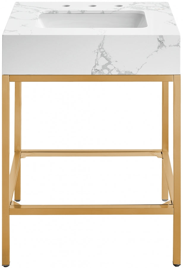 Marmo Engineered Stone Top, Brushed Gold And Glass Base Vanity