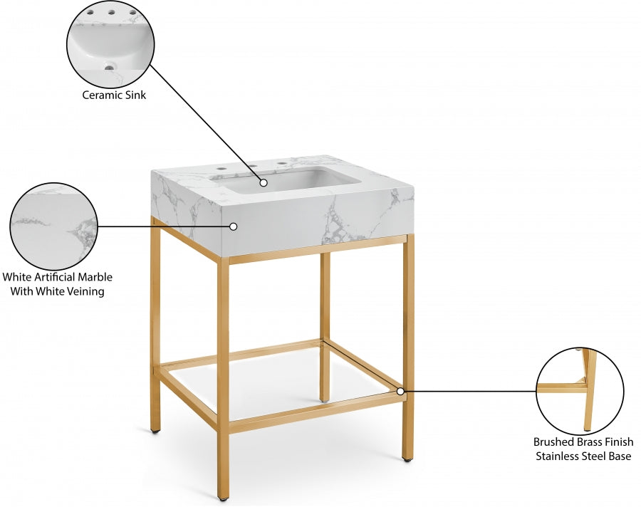 Marmo Engineered Stone Top, Brushed Gold And Glass Base Vanity