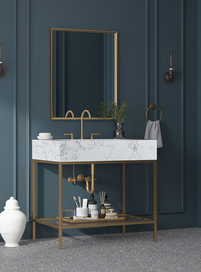 Marmo Engineered Stone Top, Brushed Gold And Glass Base Vanity