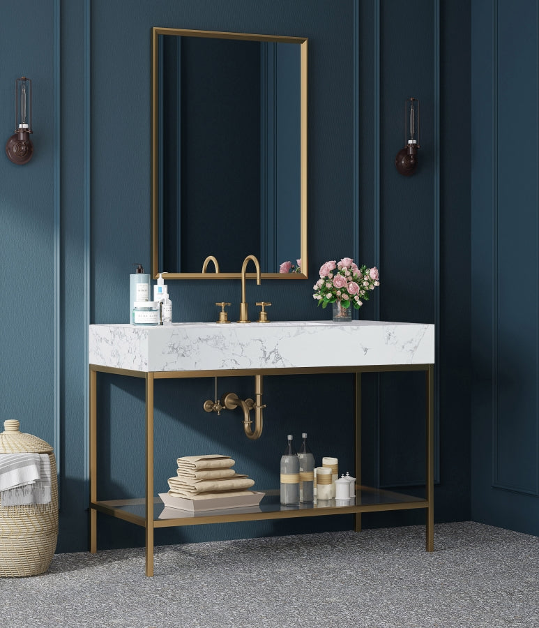 Marmo Engineered Stone Top, Brushed Gold And Glass Base Vanity