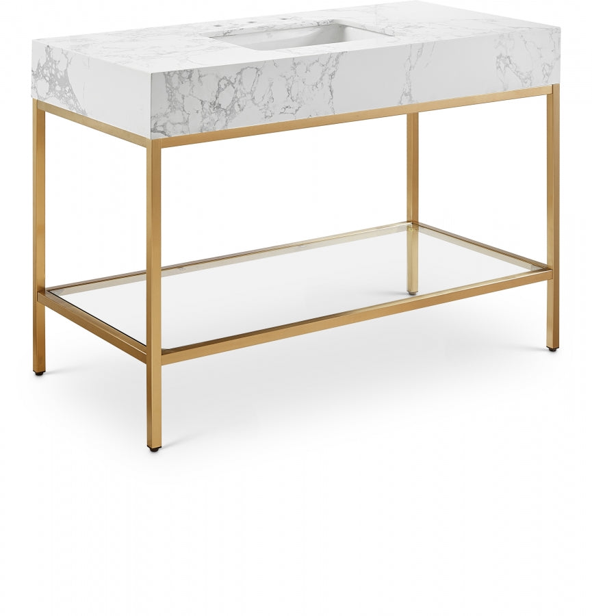 Marmo Engineered Stone Top, Brushed Gold And Glass Base Vanity