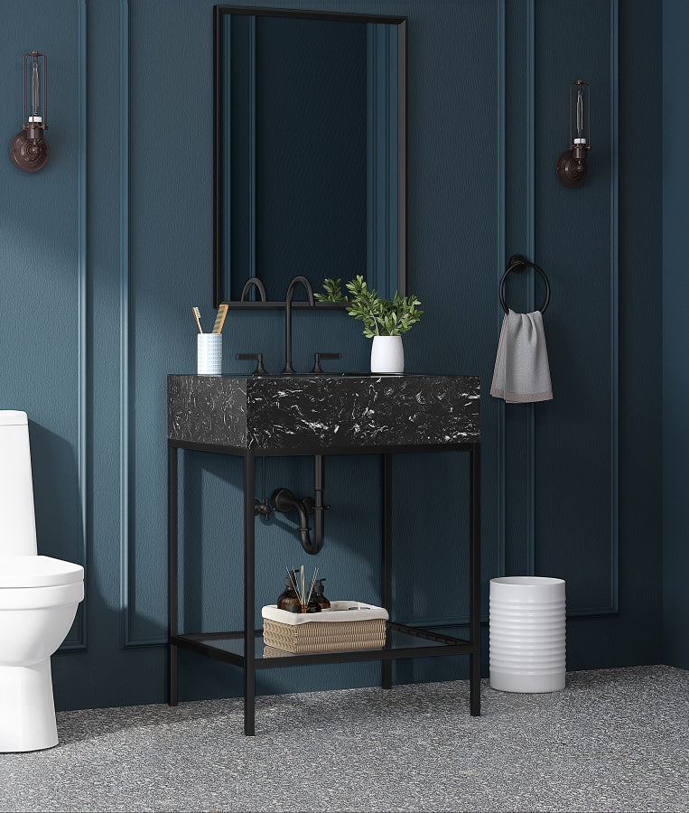 Marmo Engineered Stone Top and Matte Black Base, Steel And Glass Base Vanity