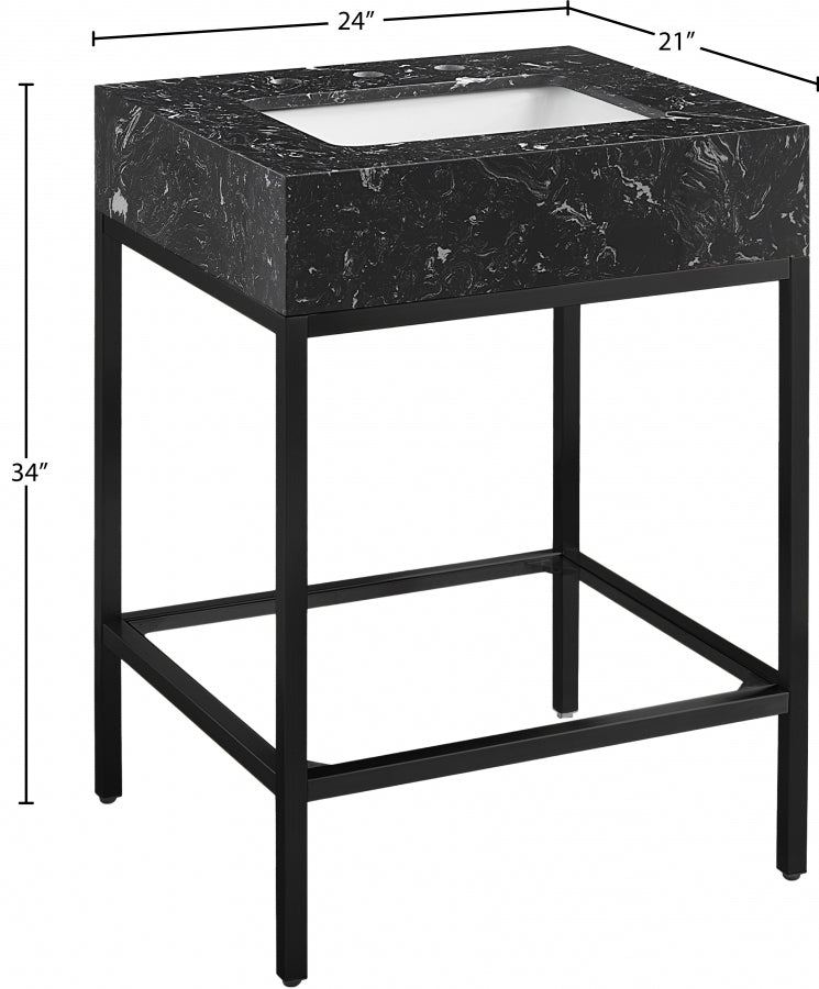 Marmo Engineered Stone Top and Matte Black Base, Steel And Glass Base Vanity
