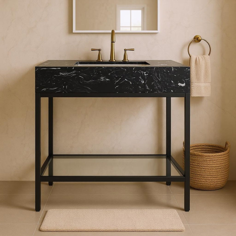 Marmo Engineered Stone Top and Matte Black Base, Steel And Glass Base Vanity