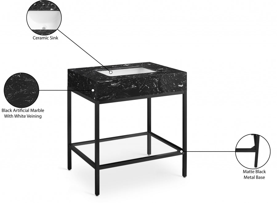 Marmo Engineered Stone Top and Matte Black Base, Steel And Glass Base Vanity