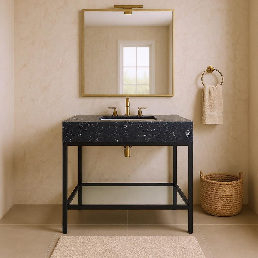 Marmo Engineered Stone Top and Matte Black Base, Steel And Glass Base Vanity