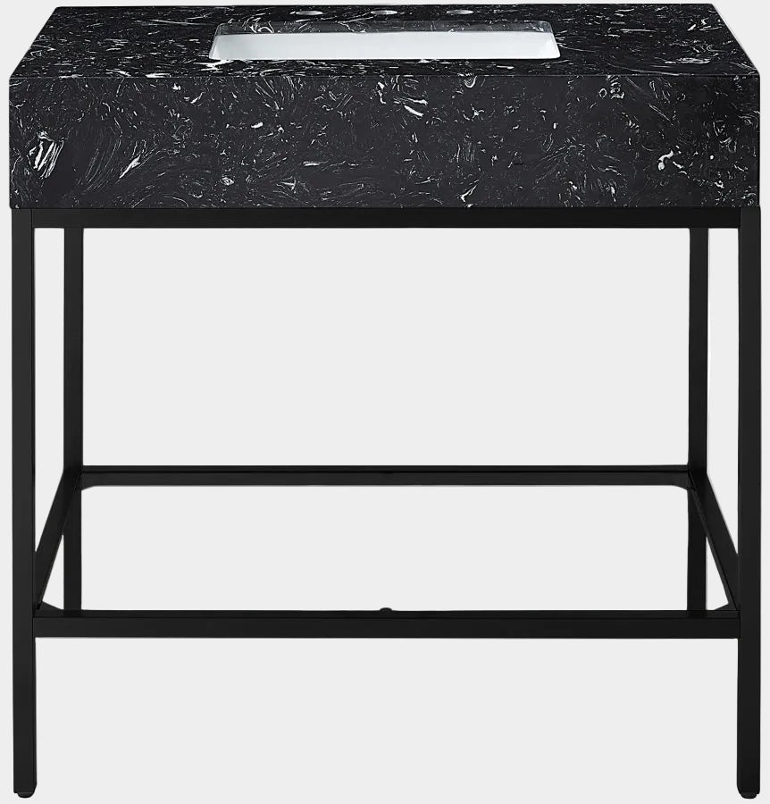 Marmo Engineered Stone Top and Matte Black Base, Steel And Glass Base Vanity