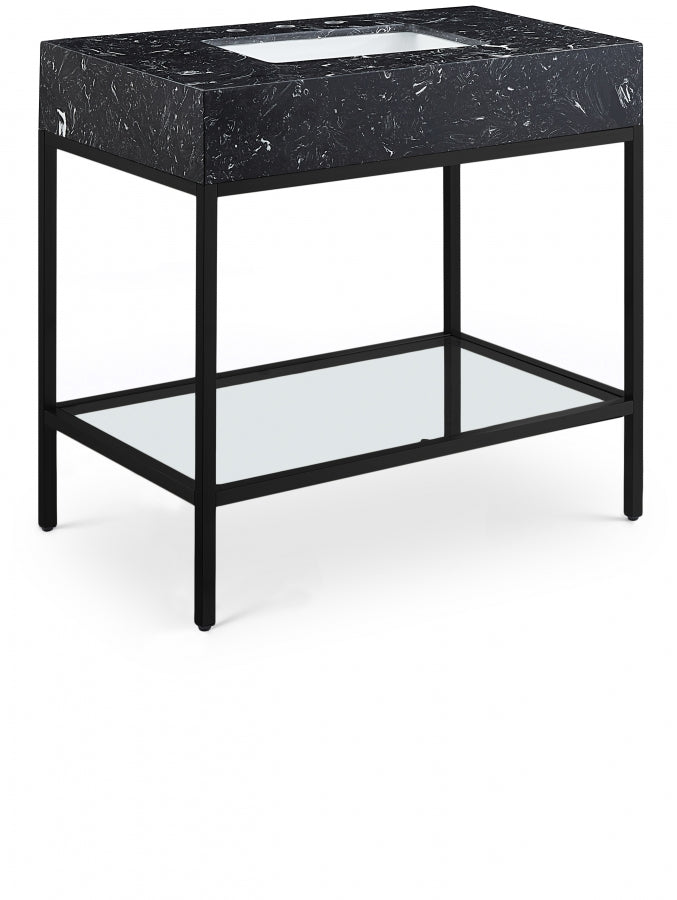 Marmo Engineered Stone Top and Matte Black Base, Steel And Glass Base Vanity
