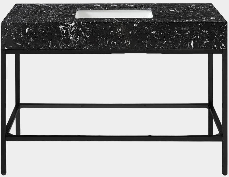 Marmo Engineered Stone Top and Matte Black Base, Steel And Glass Base Vanity