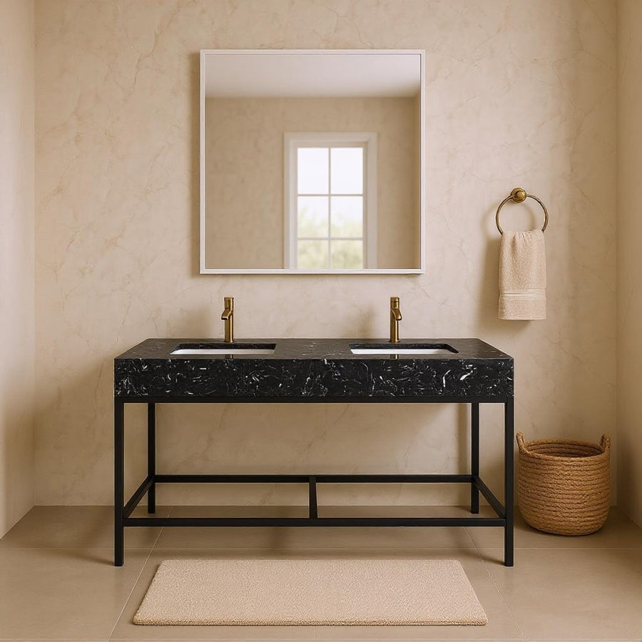 Marmo Engineered Stone Top and Matte Black Base, Steel And Glass Base Vanity