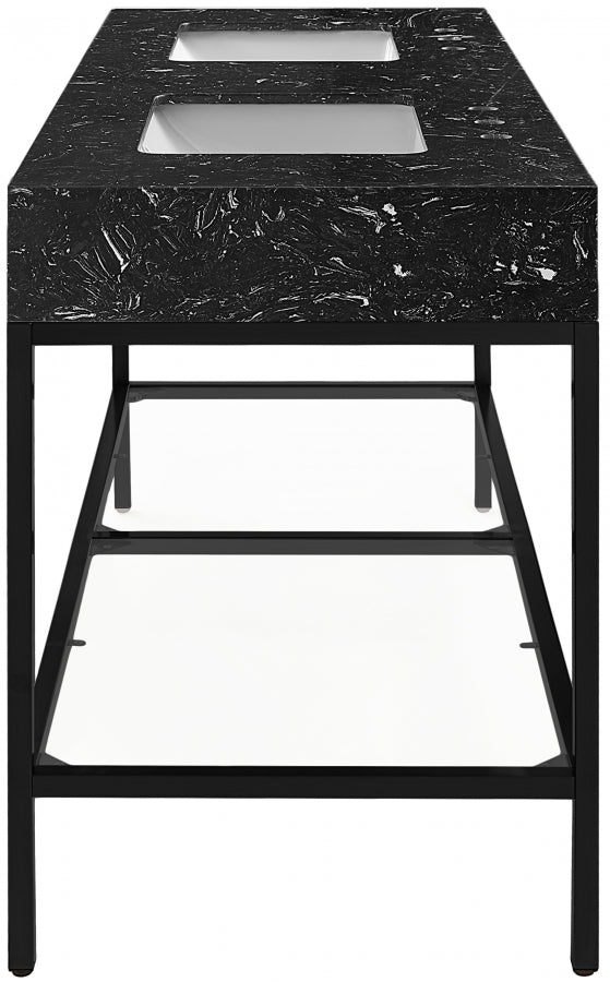 Marmo Engineered Stone Top and Matte Black Base, Steel And Glass Base Vanity