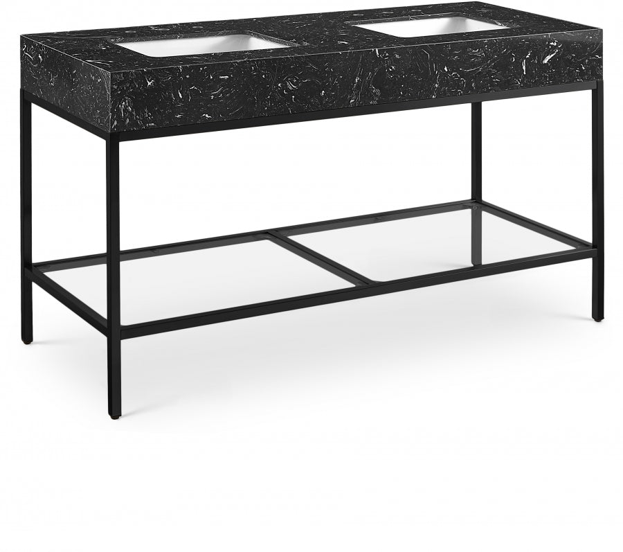 Marmo Engineered Stone Top and Matte Black Base, Steel And Glass Base Vanity