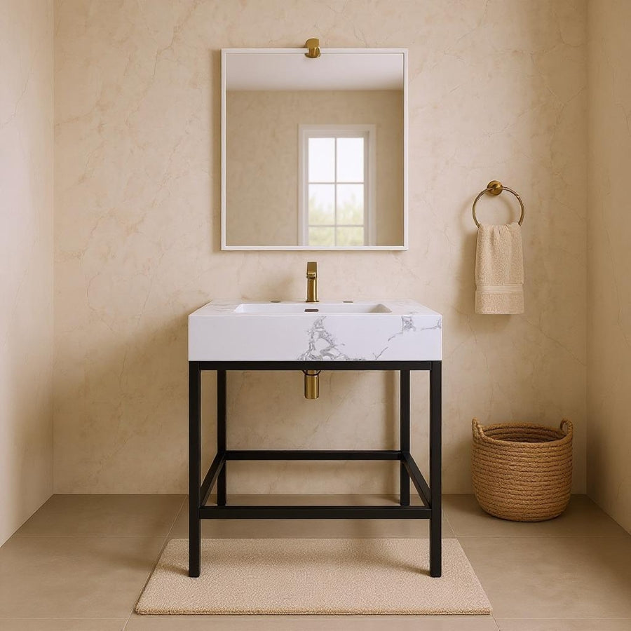 Marmo Engineered Stone Top and Matte Black Base, Steel And Glass Base Vanity