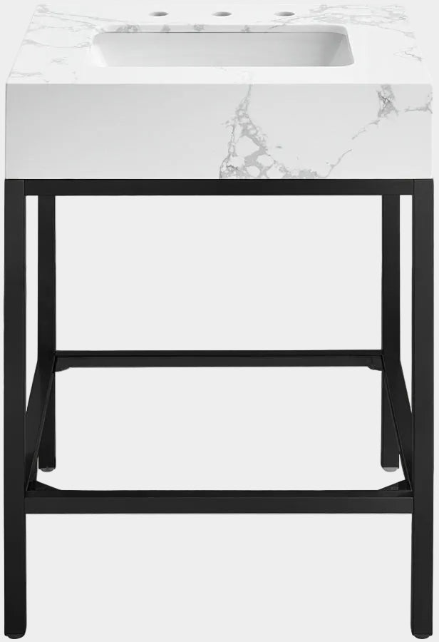 Marmo Engineered Stone Top and Matte Black Base, Steel And Glass Base Vanity