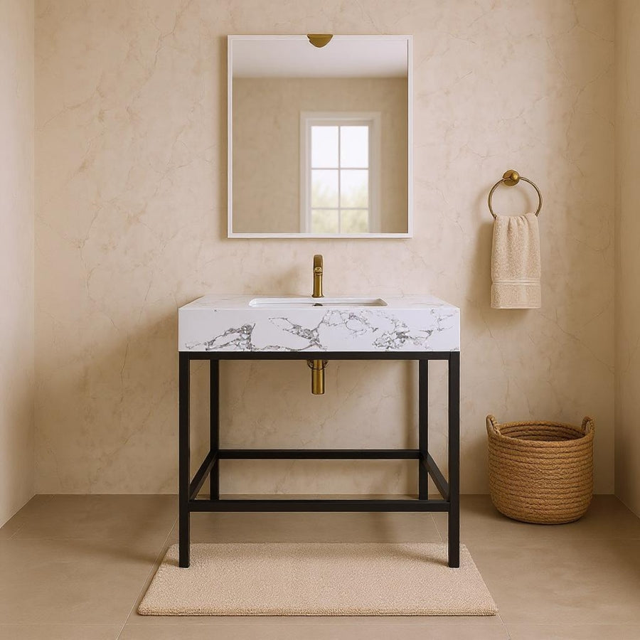 Marmo Engineered Stone Top and Matte Black Base, Steel And Glass Base Vanity