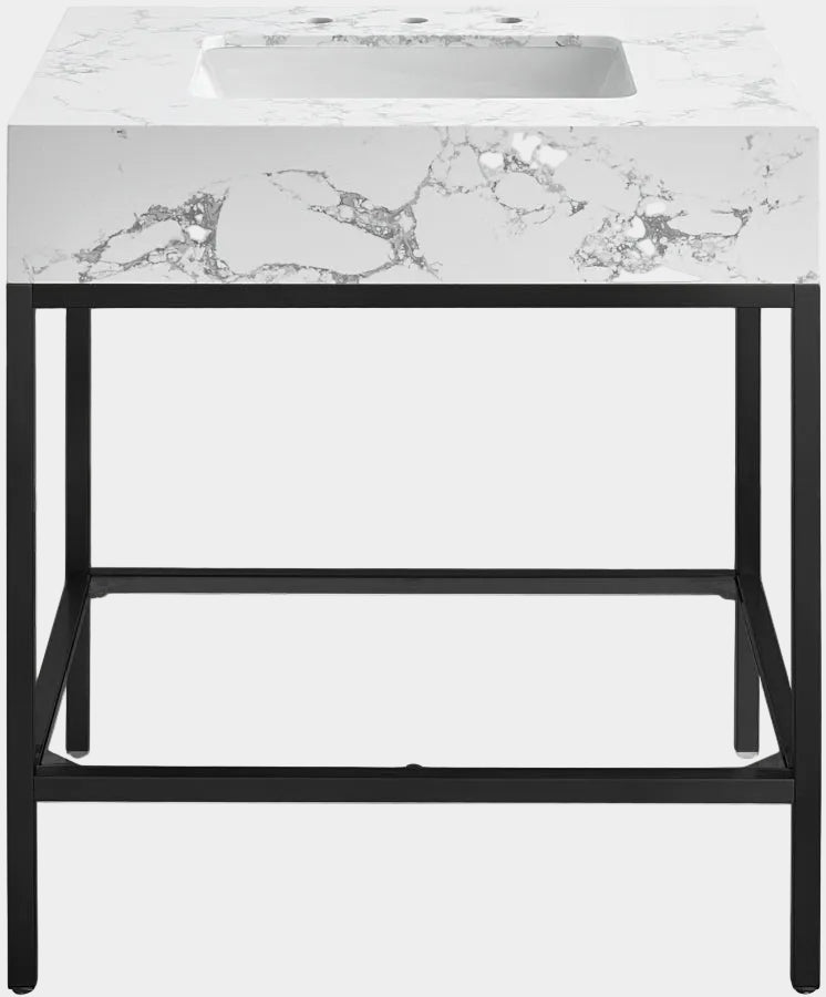 Marmo Engineered Stone Top and Matte Black Base, Steel And Glass Base Vanity