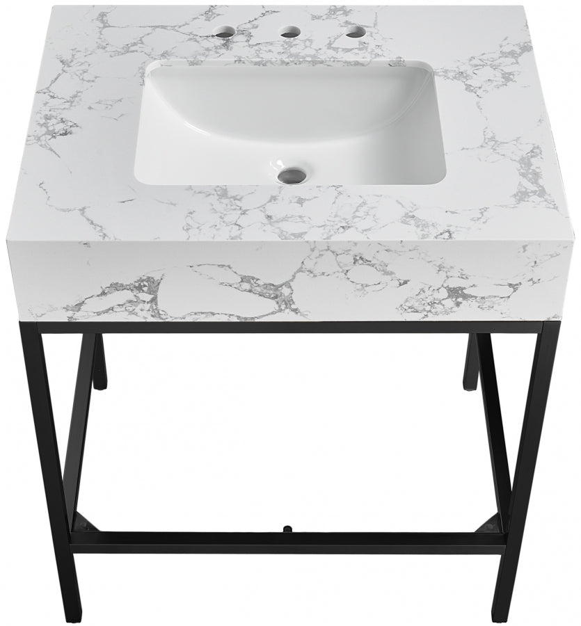 Marmo Engineered Stone Top and Matte Black Base, Steel And Glass Base Vanity