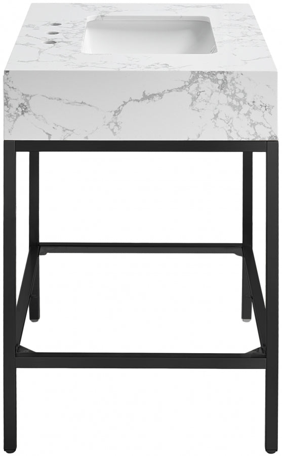 Marmo Engineered Stone Top and Matte Black Base, Steel And Glass Base Vanity