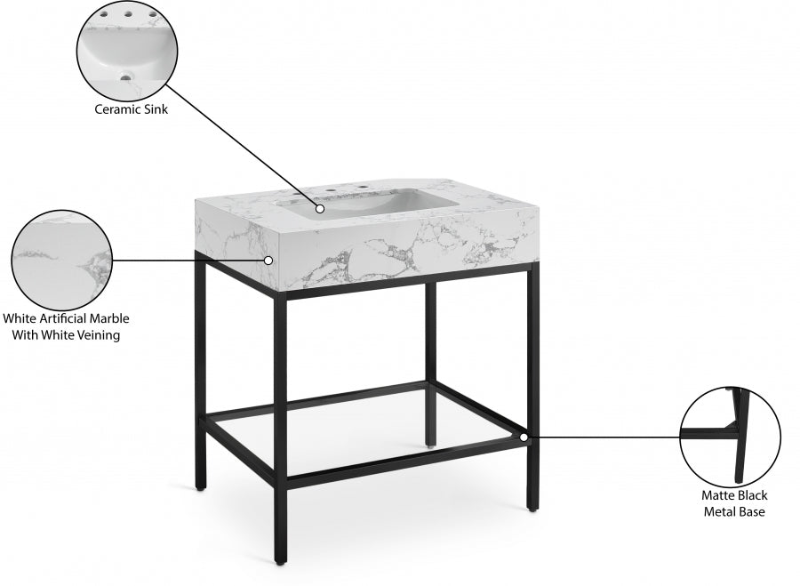 Marmo Engineered Stone Top and Matte Black Base, Steel And Glass Base Vanity