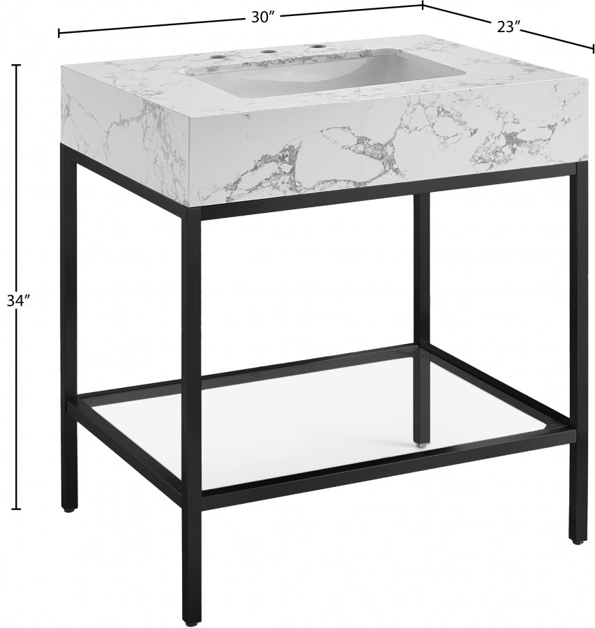 Marmo Engineered Stone Top and Matte Black Base, Steel And Glass Base Vanity