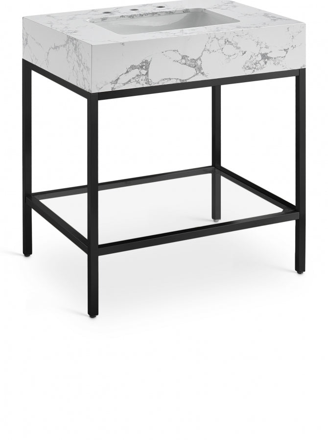 Marmo Engineered Stone Top and Matte Black Base, Steel And Glass Base Vanity