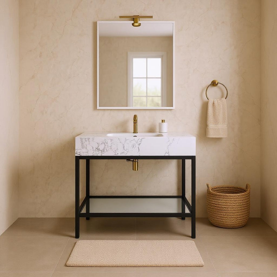 Marmo Engineered Stone Top and Matte Black Base, Steel And Glass Base Vanity
