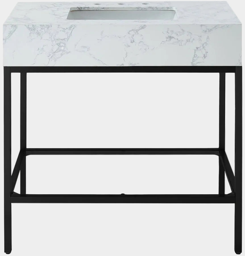Marmo Engineered Stone Top and Matte Black Base, Steel And Glass Base Vanity