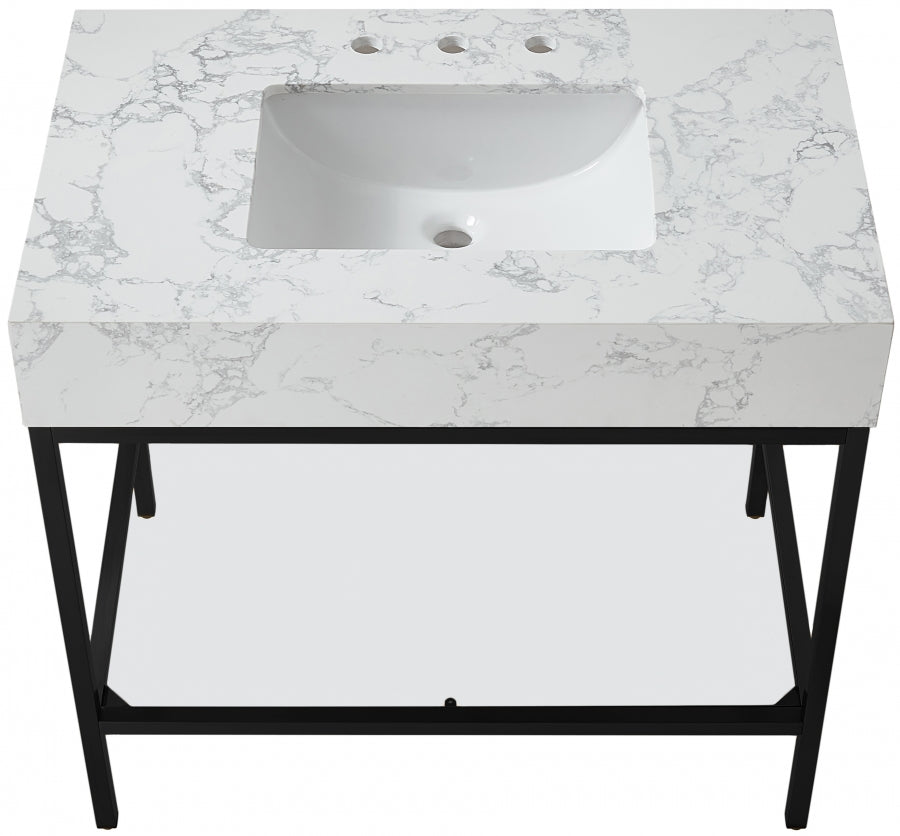 Marmo Engineered Stone Top and Matte Black Base, Steel And Glass Base Vanity