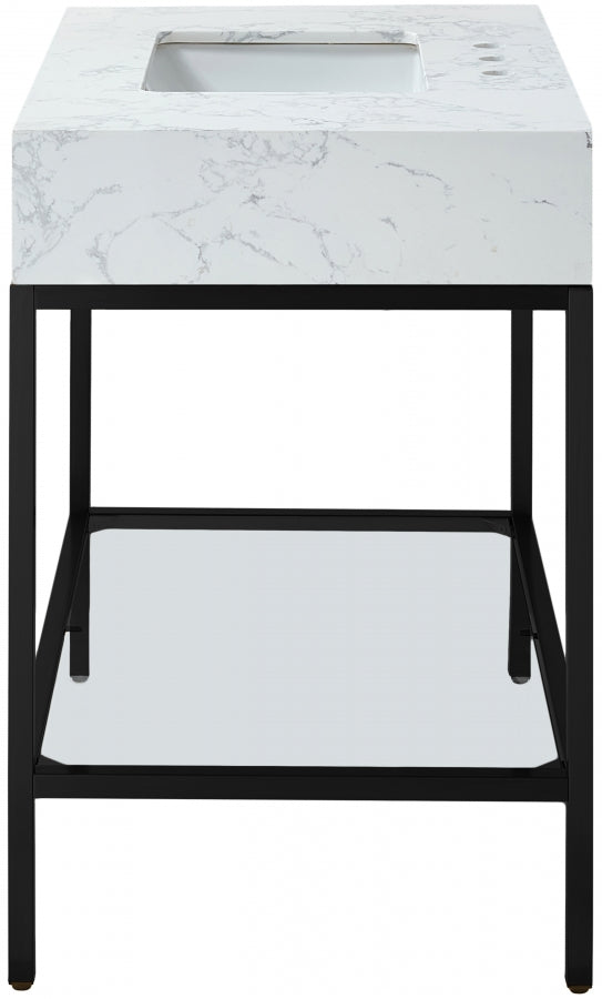 Marmo Engineered Stone Top and Matte Black Base, Steel And Glass Base Vanity