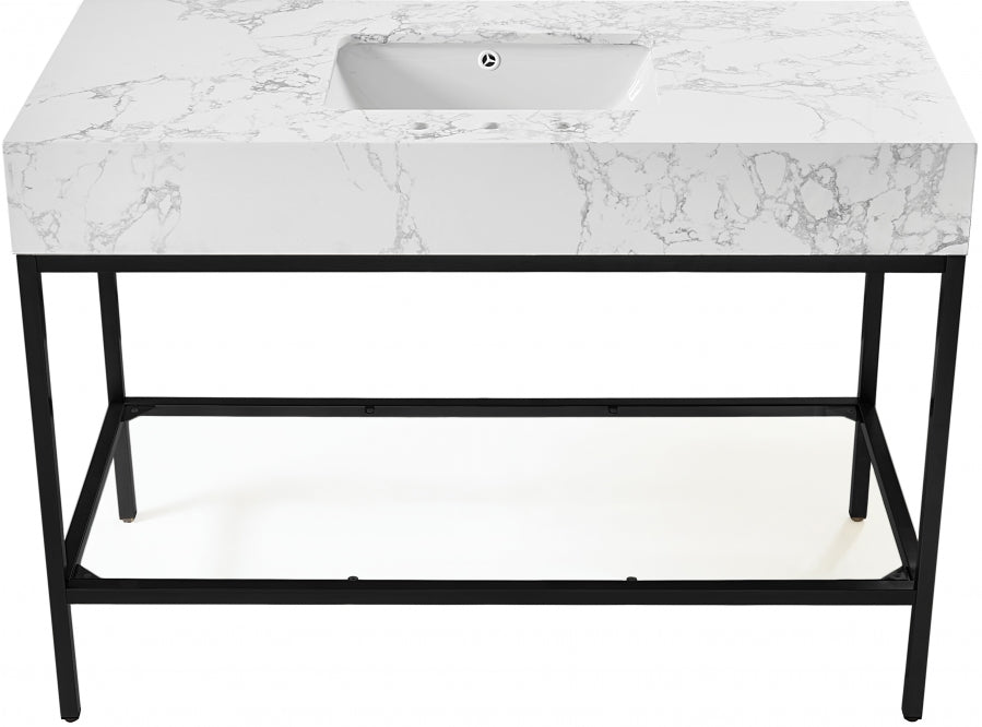 Marmo Engineered Stone Top and Matte Black Base, Steel And Glass Base Vanity