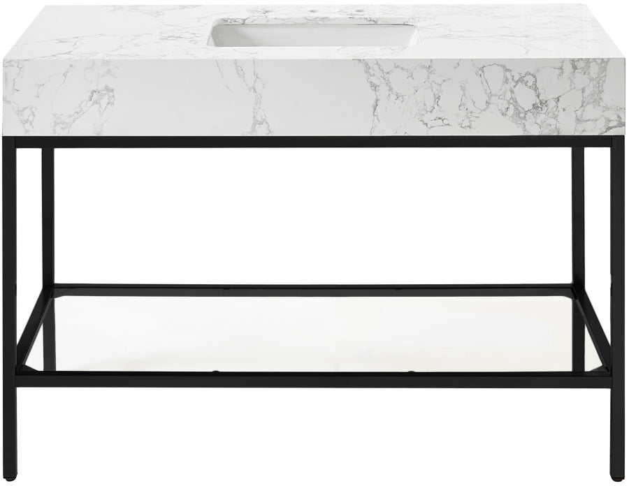 Marmo Engineered Stone Top and Matte Black Base, Steel And Glass Base Vanity