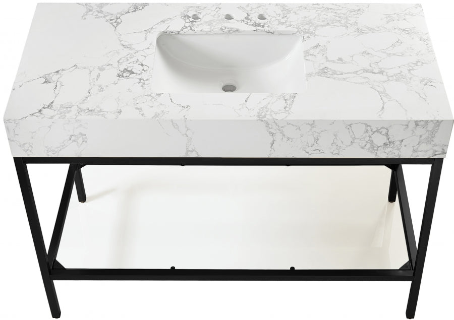 Marmo Engineered Stone Top and Matte Black Base, Steel And Glass Base Vanity