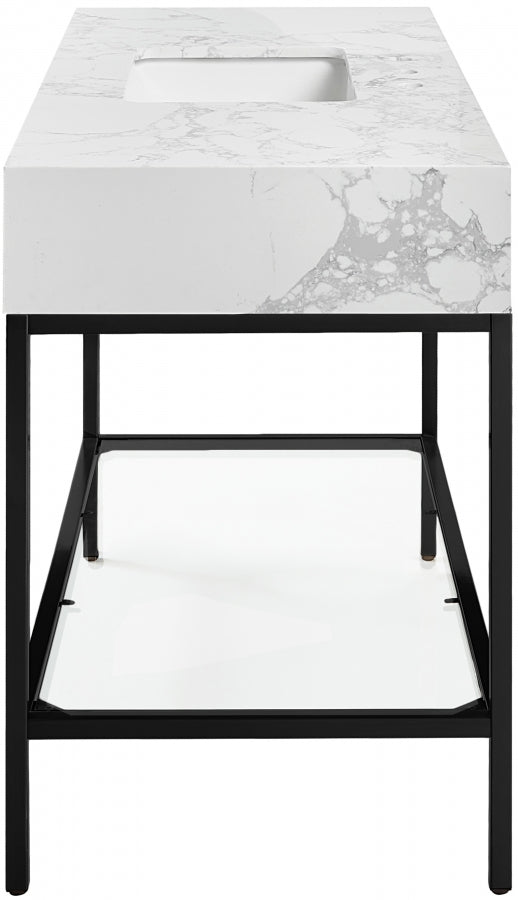 Marmo Engineered Stone Top and Matte Black Base, Steel And Glass Base Vanity
