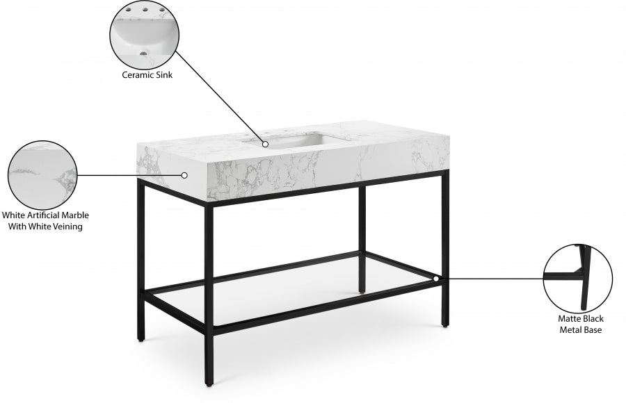 Marmo Engineered Stone Top and Matte Black Base, Steel And Glass Base Vanity