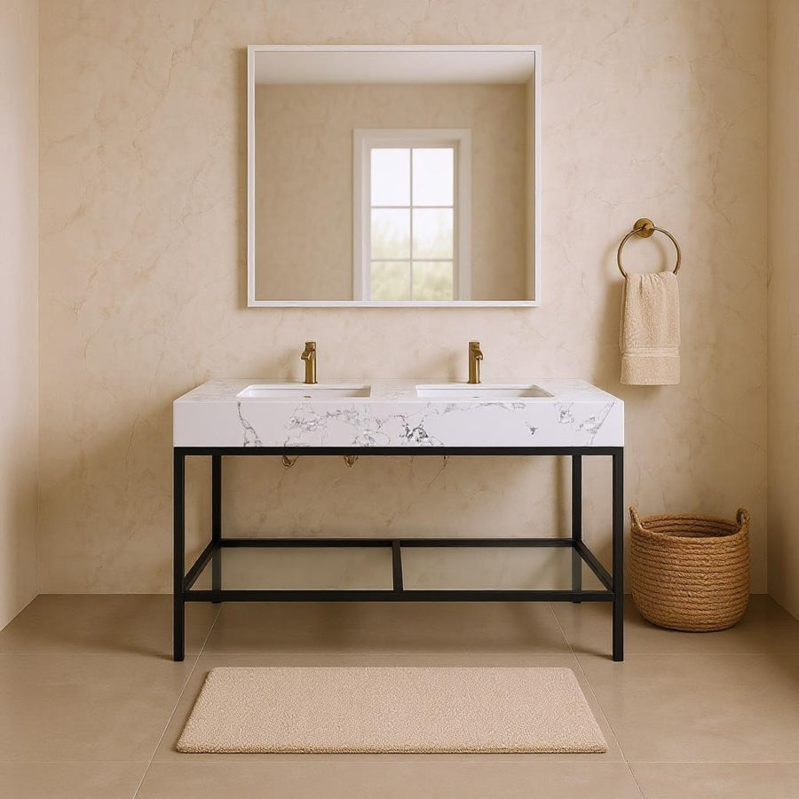 Marmo Engineered Stone Top and Matte Black Base, Steel And Glass Base Vanity