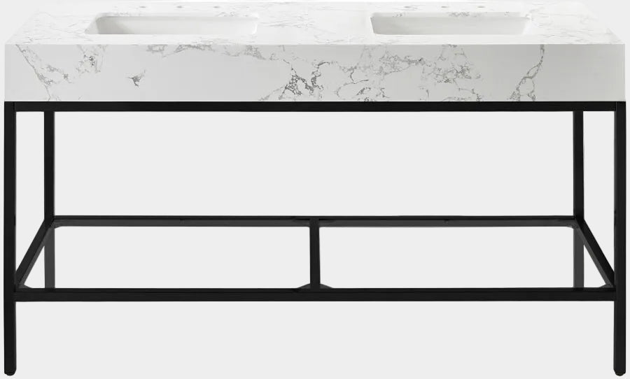 Marmo Engineered Stone Top and Matte Black Base, Steel And Glass Base Vanity