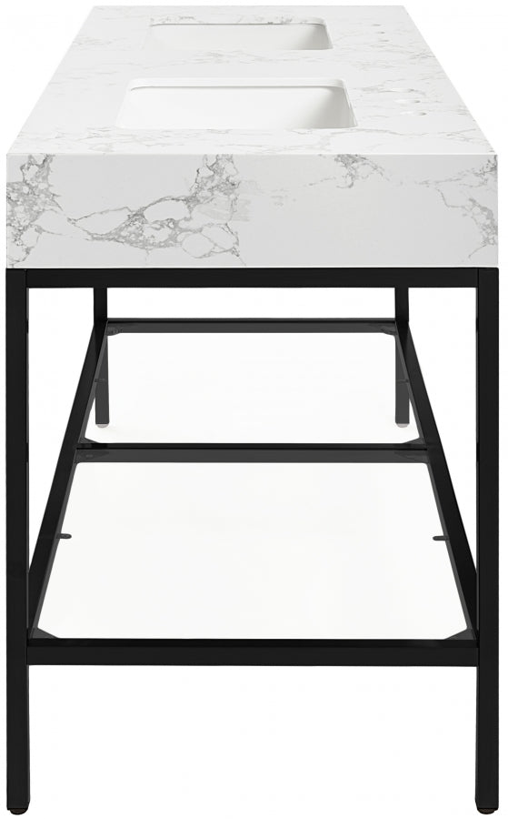 Marmo Engineered Stone Top and Matte Black Base, Steel And Glass Base Vanity