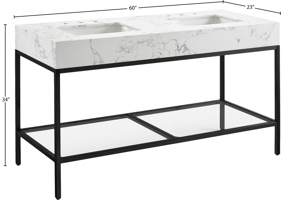 Marmo Engineered Stone Top and Matte Black Base, Steel And Glass Base Vanity