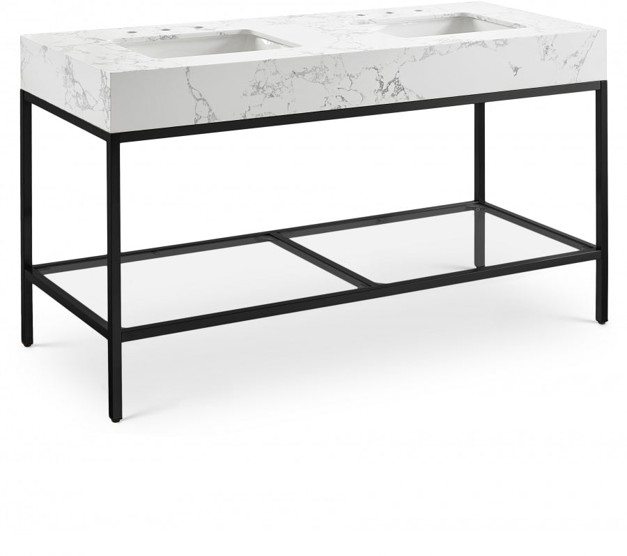 Marmo Engineered Stone Top and Matte Black Base, Steel And Glass Base Vanity