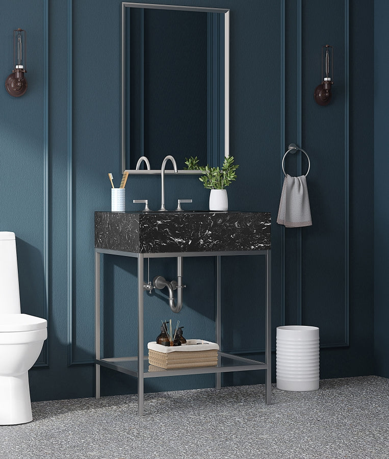 Marmo Engineered Stone Top and Brushed Chrome, Steel And Glass Base Vanity