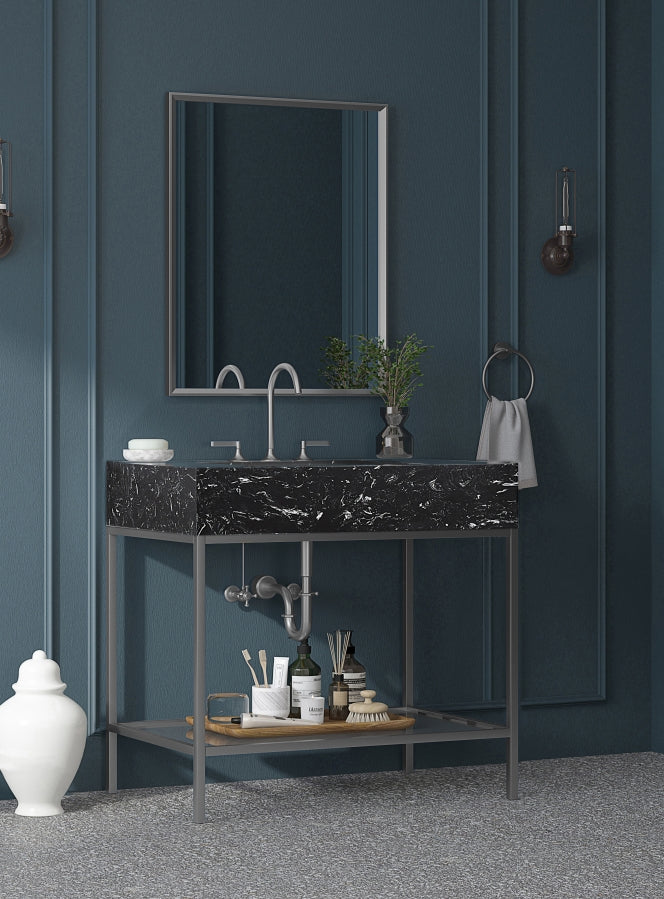 Marmo Engineered Stone Top and Brushed Chrome, Steel And Glass Base Vanity