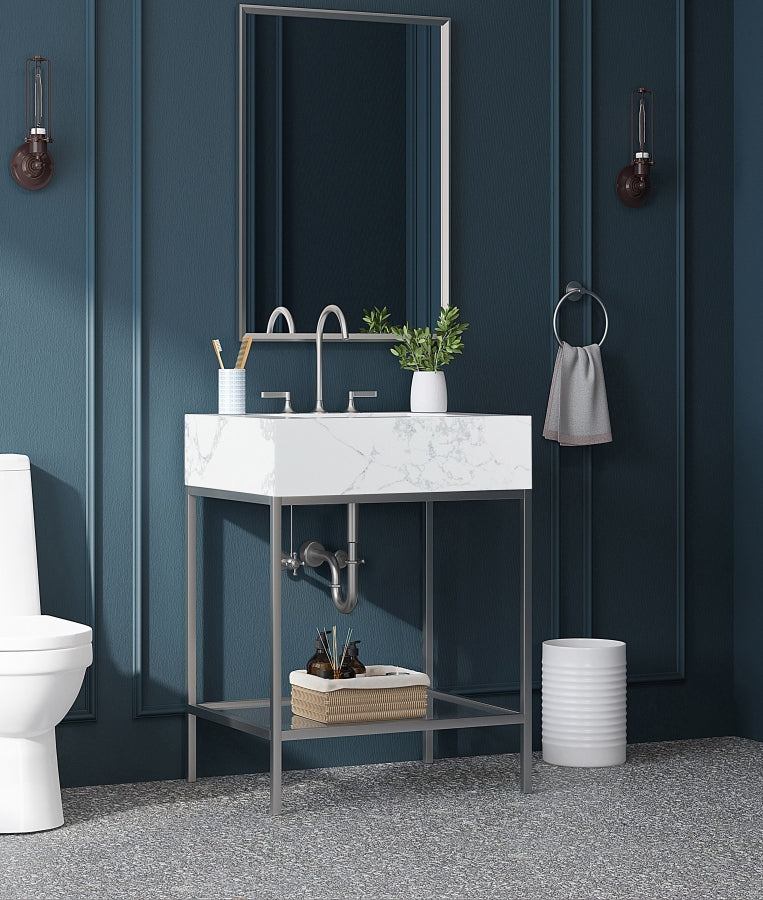 Marmo Engineered Stone Top and Brushed Chrome, Steel And Glass Base Vanity